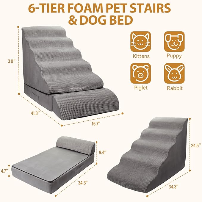 Dog Stairs/Steps for High Beds up to 30-36 inches, 30 Inch Height Pet Steps for Small Dogs/Old Pets, 30D Foam Dog Ladder for Large Dogs, Non-Slip Dog Ramp for Bed, Grey
