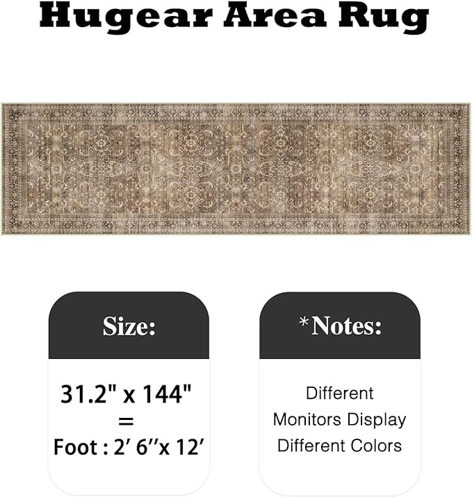 HUGEAR 2'6''x12' Runner Rug Hallway Vintage Brown Machine Washable Retro Floral Low Pile Carpet Vacuumable Distressed Long Throw Rug Bedroom Office Bathroom Kitchen Laundry Non Slip Soft Lightweight