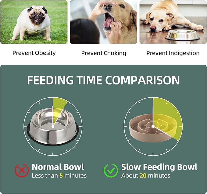 Ceramic 1.2 Cup Raised Slow Feeder Dog Bowl Set, Elevated 6.1inch Bowl and 7.3inch Puzzle Slow Food Dish with Wooden Stand for Medium and Small Dog, Anti-Gulping (2 x Brown Coffee+ Stand)