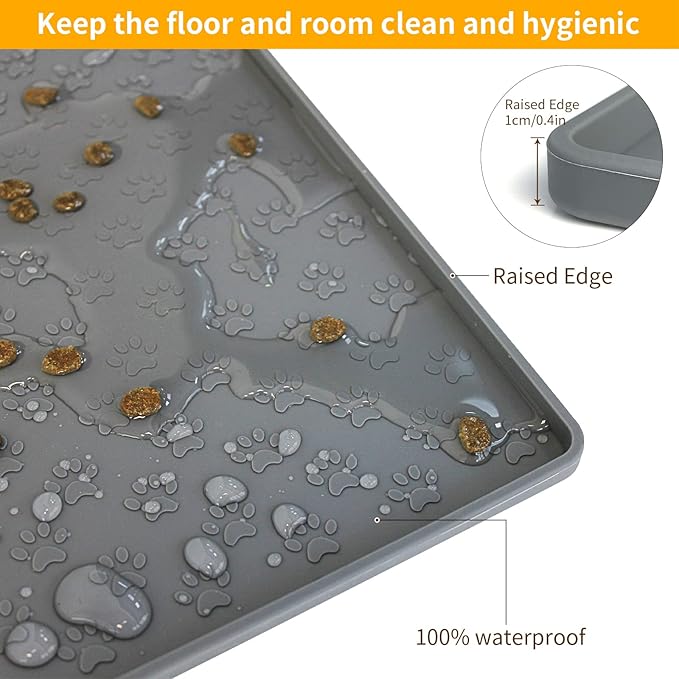 Ptlom Grey Pet Placemat for Dog and Cat, Waterproof Non-Slip Silicone Feeding Bowl Mat Prevent Food and Water Overflow, Puppy Dish Feeder Fountain Trays Suitable for Medium and Small Pets