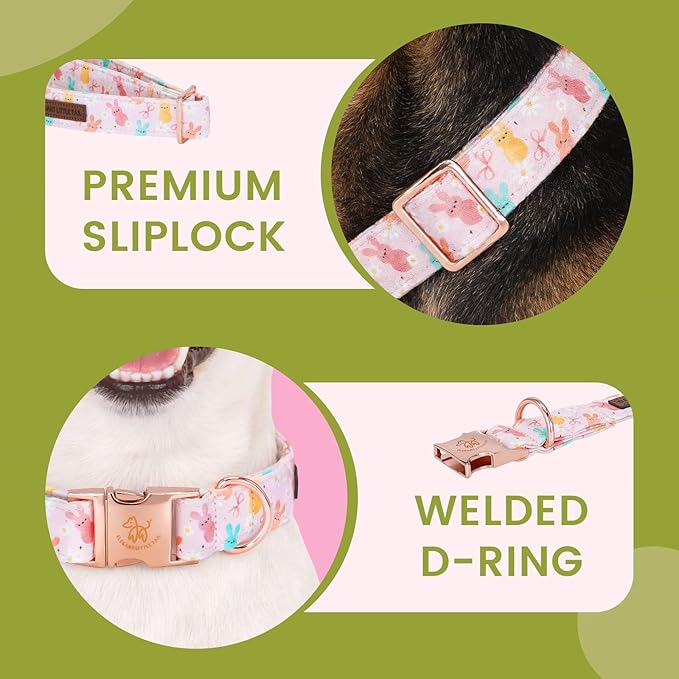 Elegant little tail Easter Dog Collar, Pink Bunny Floral Pattern Spring Pet Collars Gift Holiday Puppy Collars Soft Cotton Adjustable Dog Collar for Medium Dogs