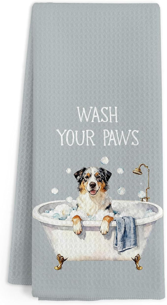 Funny Australian Shepherd Dog Hand Towels for Bathroom, Wash Your Paws Hand Towels, Australian Shepherd Dogs Dish Tea Towel for Kitchen Bathroom Decor, Dog Lover Gifts for Women Men, 16x24 Inch