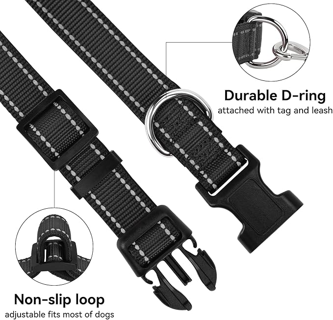 Soft Reflective Dog Collar for Extra Small Dogs, Lightweight Adjustable Puppy Collar with Neoprene Padding, Gentle Nylon for Chihuahua Yorkie,Black,XS