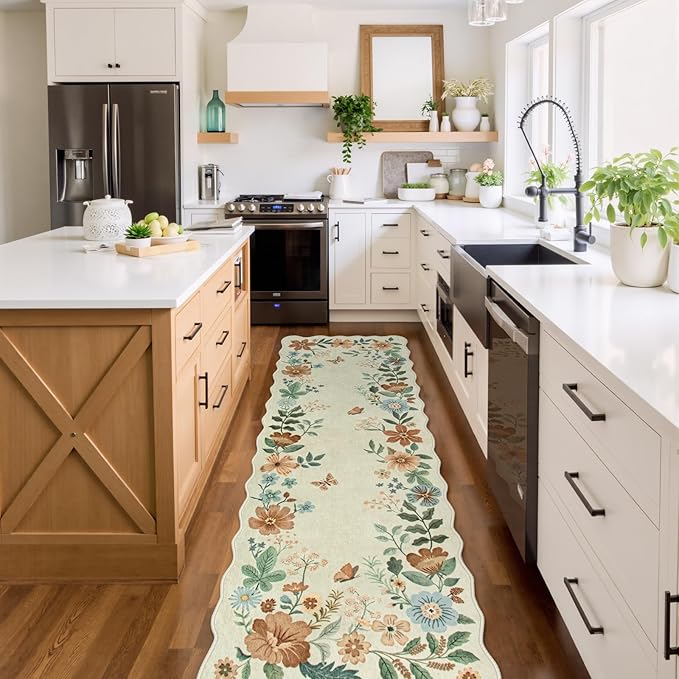 Lahome Floral Washable Runner Rug, 2'6''x8' Soft Hallway Rug Non Slip, Boho Ultra-Thin Kitchen Runners for Hallways with Rubber Backing Carpet for Laundry Bedroom Bathroom(Beige)