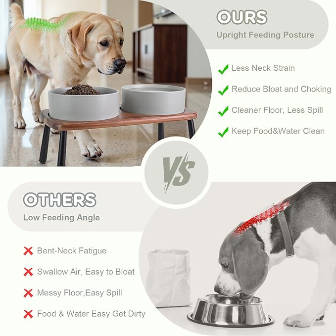 SPUNKYJUNKY Ceramic Elevated Dog Bowls Raised with Acacia Bamboo Wooden Stand, 8.3'' Dog Food Water Bowls Set Non-Slip for Medium Large Sized Breed Microwave Dishwasher Safe - 60 OZ,Grey