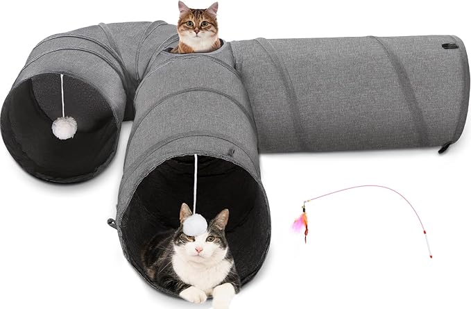 Ownpets Cat Tunnel 12 Inches in Diameter Larger Pet Tunnel Tube with Plush Ball & Feather Toy, U-Shaped Cat Play Tunnel for Big Cat, Puppy and Rabbits