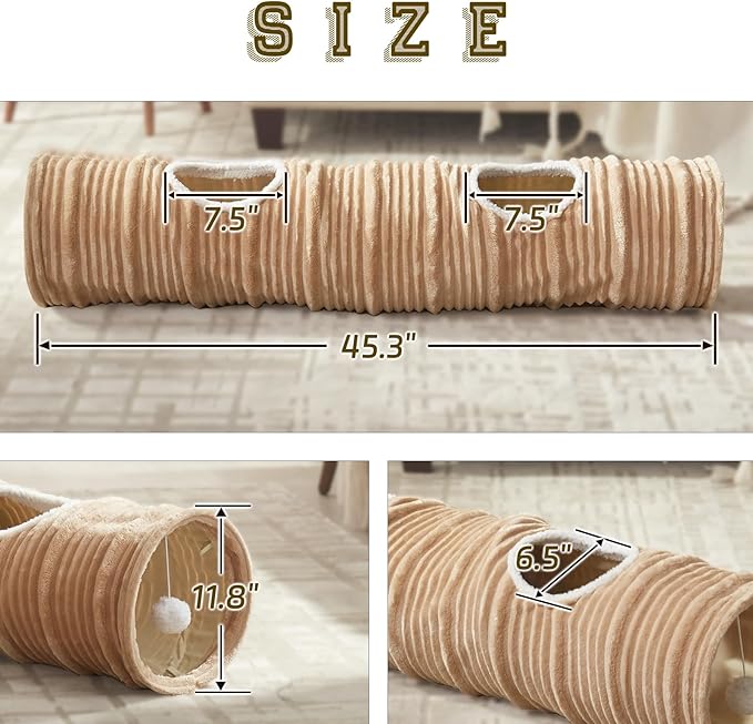 Cat Tunnel for Indoor Cats,Cats Toys Collapsible Tunnel Straight Tube with a Fun Ball and 2 Holes,Cat Play Tunnels,for Rabbits, Ferrets, Puppies & Large Pets,Diameter 11.8 Inch