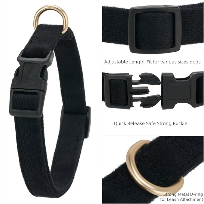 Soft Corduroy Fibric Dog Collar, Quick Side Release Buckle, for Large Dogs.(Black,Large:17-26")