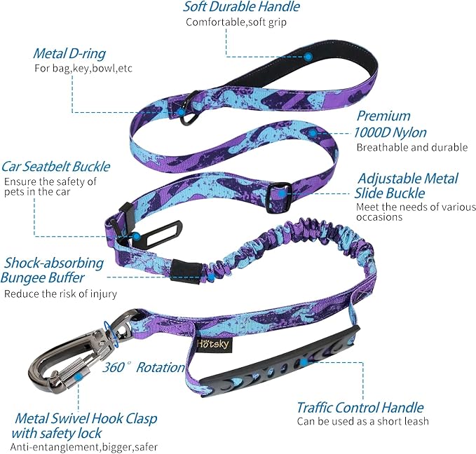 Hotsky Tactical Dog Leash Heavy Duty for Medium Large Dogs That Pull,4-6Ft Strong Bungee Shock Absorbing No Pull Dog Leash with Padded Double Handle and Car Seatbelt,Purple Camo