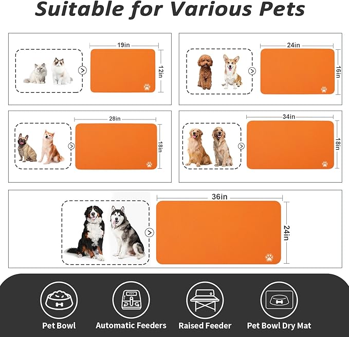 Dog Food Mat - Absorbent Cat Mat for Food and Water, No Stains Pet Feeding Bowl Mat, Easy to Clean Pet Placemats, Quick Dry Dog Water Dispenser Mat for Messy Drinkers | Paw Orange 18"x 28"