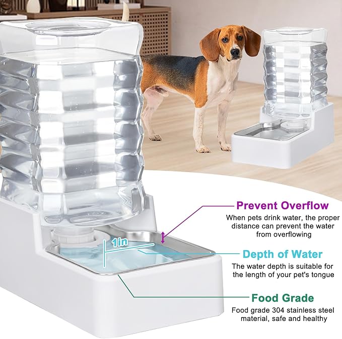 Dog Cat Water Dispenser: 8L White Upgraded Gravity Feeder with Stainless Steel Bowl - BPA-Free Large Capacity for Medium/Large Pets - Indoor & Outdoor Use