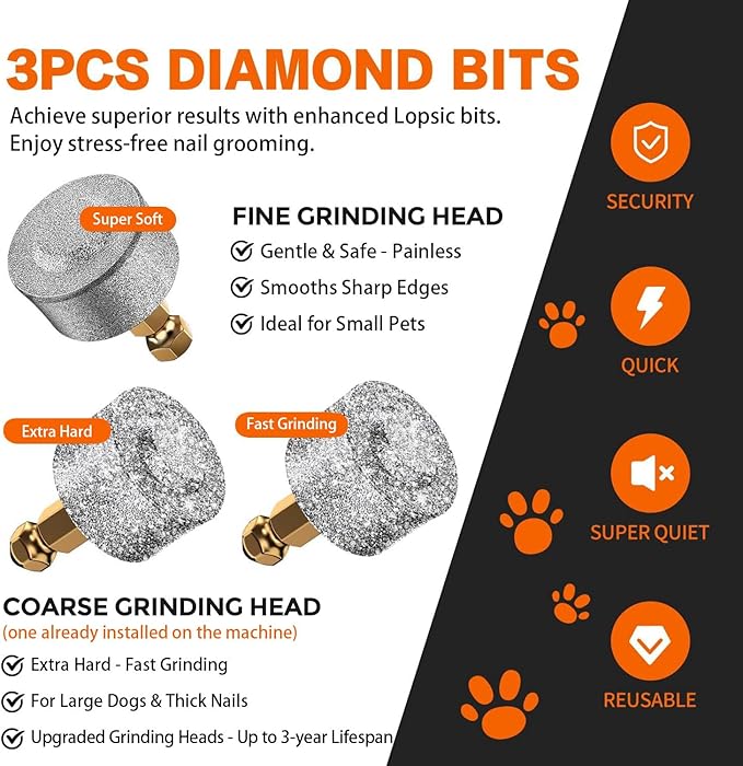 Whisper Quiet Dog Nail Grinder with LED Light, Safe & Stress-Free for Sensitive Dogs of All Breeds & Sizes, 3 Grinding Bits, 3-Speed, Pet Nail Trimmers, Rechargeable Painless Grooming Kit