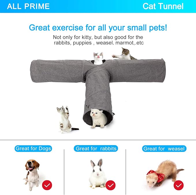 Ownpets Cat Tunnel, 3 Way Collapsible Kitty Tunnel 47 inch Long Cat Tube with Plush Ball & Feather Toy, Cat Play Tunnel for Indoor Cat, Kitten, Rabbit