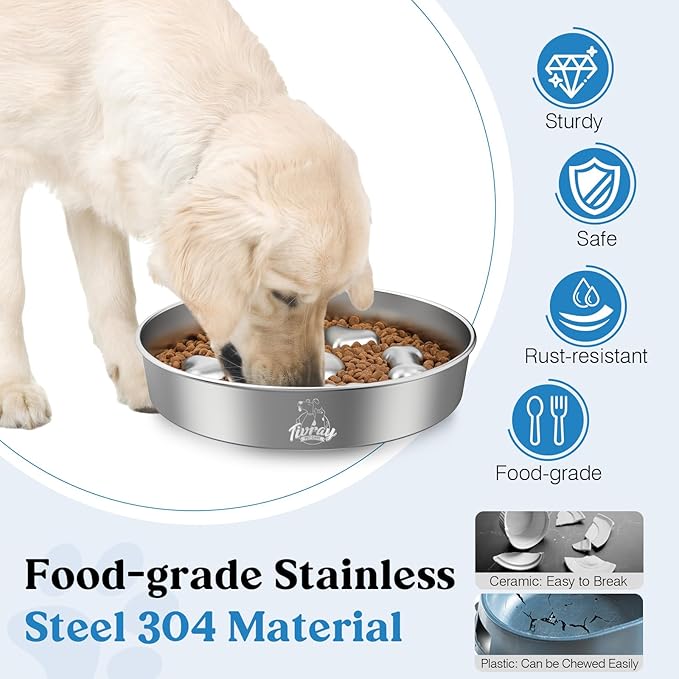 2Pcs Slow Feeder Dog Bowls, 5 Cups Stainless Steel Dog Slow Feeder Metal Pet Food Bowl with Non-Slip Base for Medium & Large Breed, Bloat Stop, Food-Grade, Dishwasher Safe