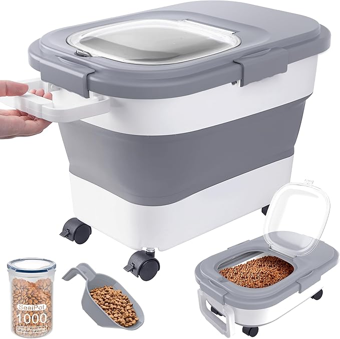 15-23 Lbs Airtight Dog Food Storage Container,Collapsible Dog Food Container with Lid,Wheels,Handle,Large Cat food storage Container with Scoop,Small Food Container for Dog Cat