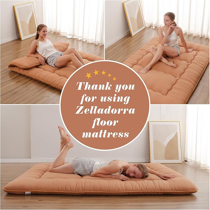 Japanese Floor Mattress, Futon Mattress with Portable Storage Bag and Washable Cover, Roll Up Thick Tatami Mat Suitable for Camping, Guest Room, Light Coffee, Full