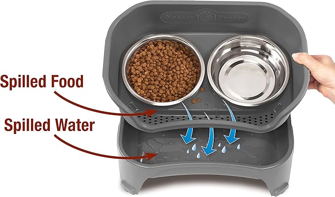 Neater Feeder Express Mess Proof Dog Bowls Elevated for Medium and Large Breed – Made in USA – No Spill Raised Slow Feeder Elevated Dog Bowl Stand, Slow Feed Food and Water Bowl Set, Grey