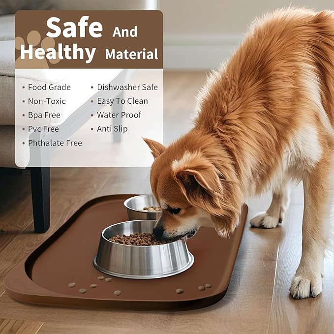 Silicone Pet Food Mat with Raised Edge for Food and Water Bowl, Dog Feeding Mats, Cat Food Trays for Floor Waterproof, Rubber Tray for Dogs and Cats, 17 x 12 x 0.7 Brown