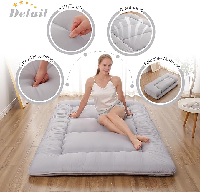 Japanese Floor Mattress, Futon Mattress with Storage Bag and Washable Cover, Roll Up Tatami Mat Suitable for Guest Room, Grey, Queen