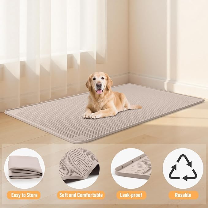Silicone Dog Bed Mat, 57"x 40" Crate Mat for Dog Cages, Kennel Mat with Raised Edge, Washable, Waterproof, Leakproof, Protect Floors (Khaki)