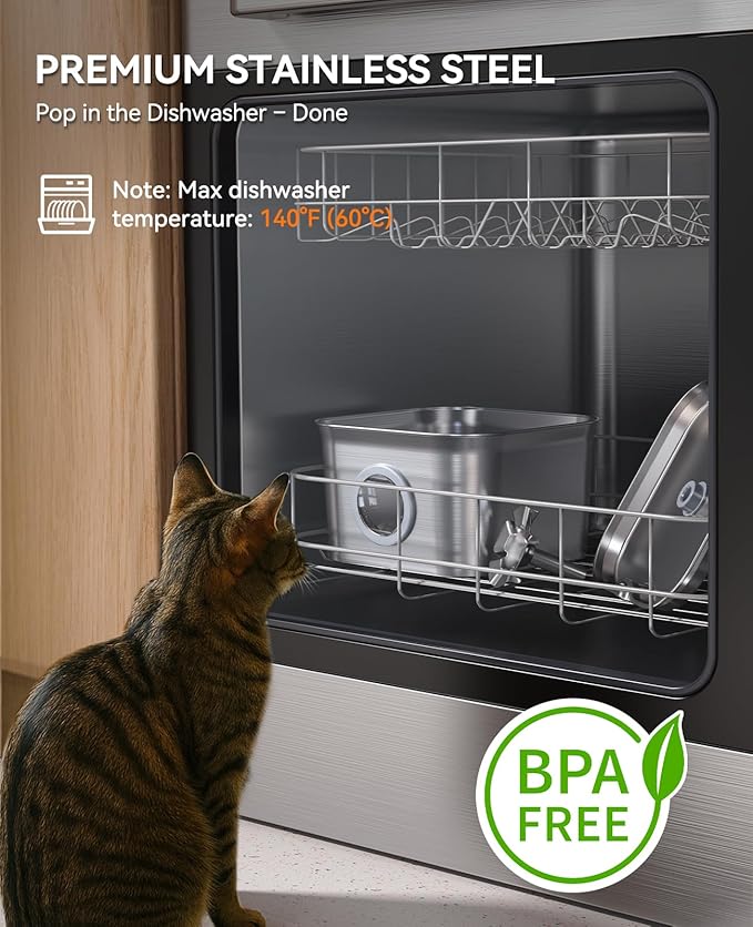 Stainless Steel Cat Water Fountain, 2.8L with 20dB Ultra-Quiet Pump- Ideal for Timid Pets, LED Water Level Window, Dishwasher Safe, 24/7 Circulation- Includes 3 Replacement Filters