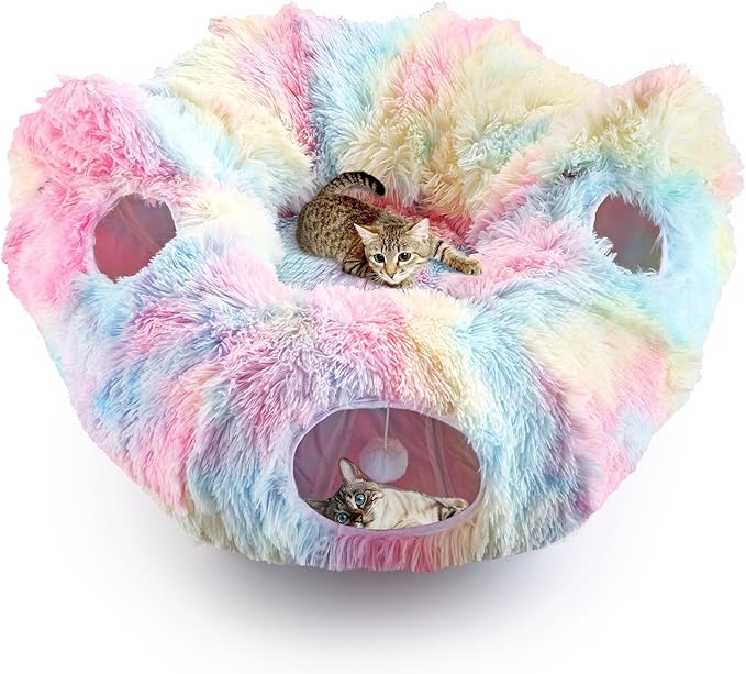 Cat Tunnel Bed, Collapsible Cat Tunnel with Washable Cushion,3-in-1 Multi-Functional Play Tunnel with Peek Holes & Ears, Indoor Playhouse for Cats Kittens Rabbits Small Dogs,Gift for Pet