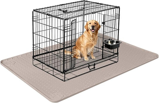 Silicone Dog Bed Mat, 57"x 40" Crate Mat for Dog Cages, Kennel Mat with Raised Edge, Washable, Waterproof, Leakproof, Protect Floors (Khaki)
