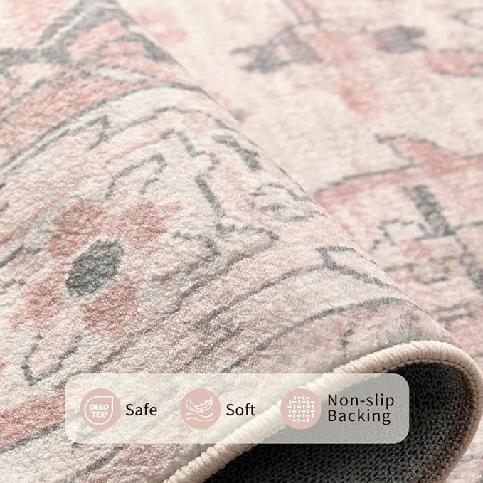 8x10 Area Rugs for Living Room Bedroom, Washable Rug, Pink Vintage Retro Boho Rug, Non Slip & Low Pile Carpet for Indoor Dining Room, Classroom Dorm, Kids Room, Nursery Room(Pink 8x10ft)