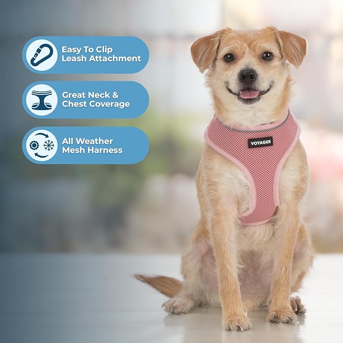 Voyager Aerolite Over The Head Dog Harness, No Pull Breathable Air Mesh Vest, Quick Dry with Reflective Stitching, Adjustable Escape Resistant Harness for Small Medium Large Dogs - Pink, Medium