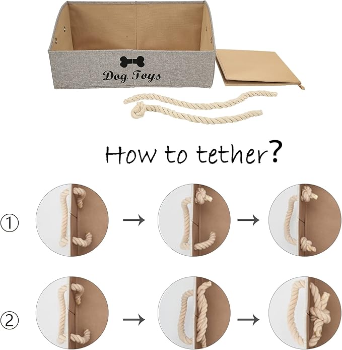 Geyecete Large Dog Toys Storage Bins - Foldable linen Trapezoid Organizer Boxes with weave Rope Handle, Collapsible Basket for Shelves (Light Brown-DOG)