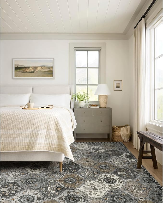 Lahome Moroccan Washable Area Rug 6x9, Ultra-Thin Large Living Room Rugs for Bedroom, Oriental Trellis Distressed Non Shedding Throw Carpet for Dining Room Office, Grey