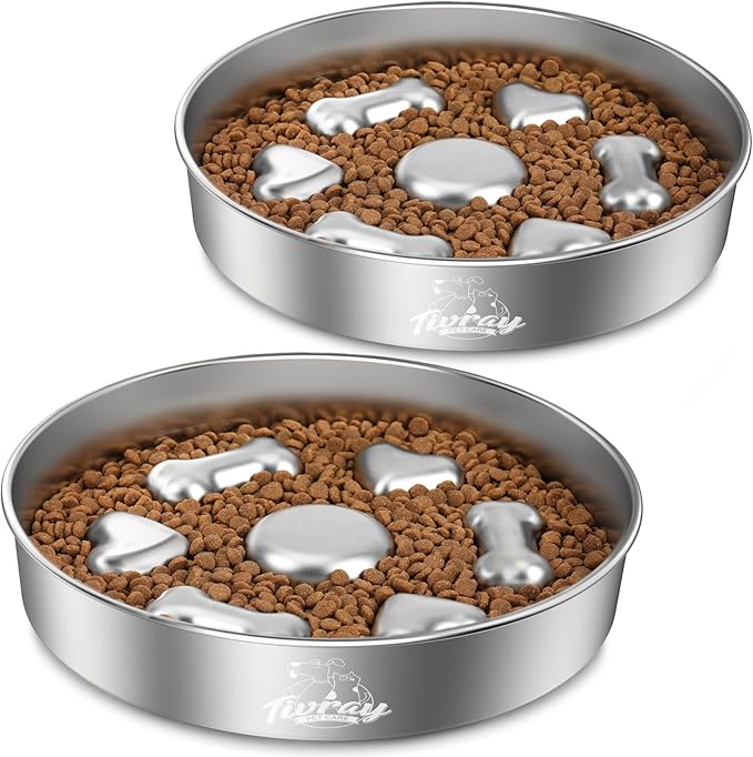 2Pcs Slow Feeder Dog Bowls, 5 Cups Stainless Steel Dog Slow Feeder Metal Pet Food Bowl with Non-Slip Base for Medium & Large Breed, Bloat Stop, Food-Grade, Dishwasher Safe