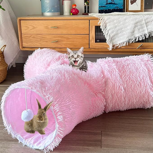 Cat Tunnel Tube Toy Collapsible 3 Way Pink Plush, Pet Tunnels for Indoor Cats, Play Tubes with Hanging Ball Perfect for Kitten, Puppy, Rabbit, Interactive Toys for Fun Playtime & Exercise