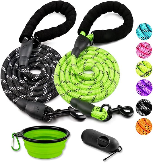 COOYOO 2 Pack Dog Leash 6 FT Heavy Duty - Comfortable Padded Handle - Reflective Dog Leash for Medium Large Dogs with Collapsible Pet Bowl Set 6-Black+Green