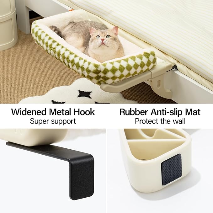 MEWOOFUN Cat Window Sill Perch for Indoor Cats, One-Step Sliding Clamping Slot Adjustment Cat Window Hammock with Removable Covers, Cat Bed for Windowsill & Bedside (Green, Large)