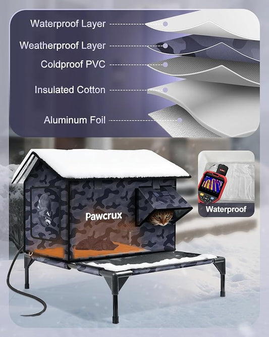 Heated Cat House for Outdoor in Winter, Moisture-Resistant Platform Deck, Waterproof & Insulated, Heated Cat Bed Kitty Shelter Warm Home for Outside Stray Cat
