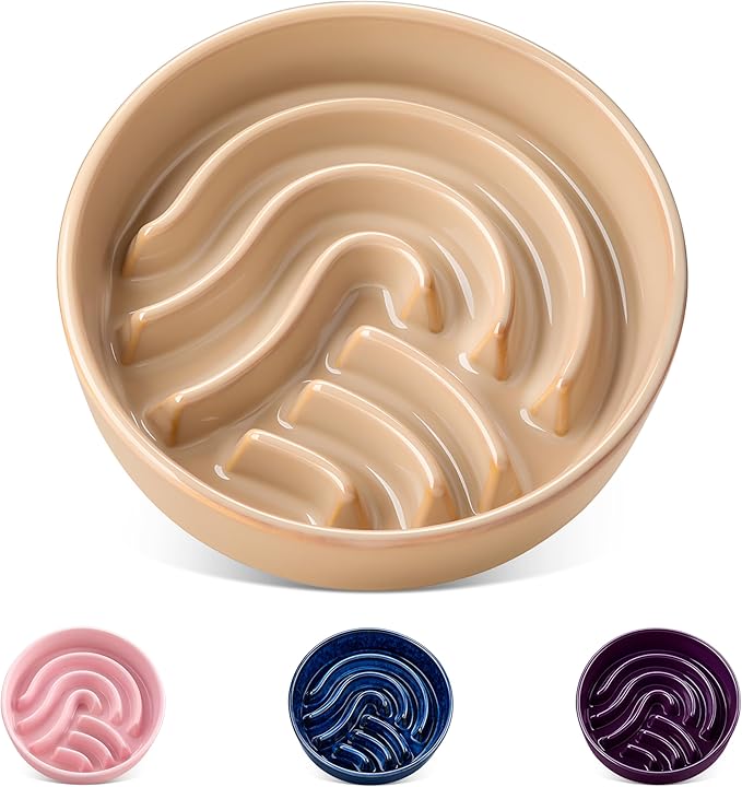 vancasso Slow Feeder Dog Bowl, 0.6 Cup Ceramic Slow Feeding Food Dish for Small Breed, Puzzle Dog Food Bowl for Fast Eater, Brown