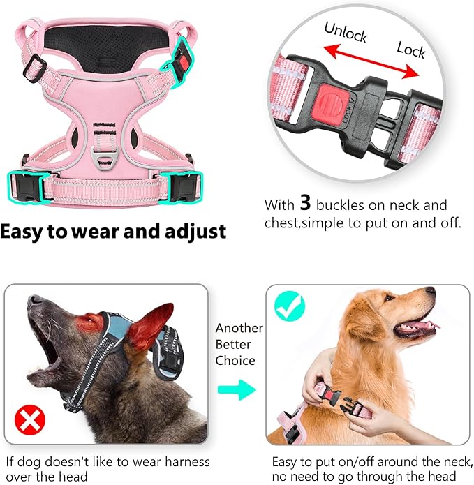 Timos Dog Harness Small Sized, No Pull Pet Harness with Neck Lockable Snap,No Choke Front Clip Dog Reflective Vest,Adjustable Metal Rings 3 Buckles,Easy Control Handle for Small Dogs Lock Pink S