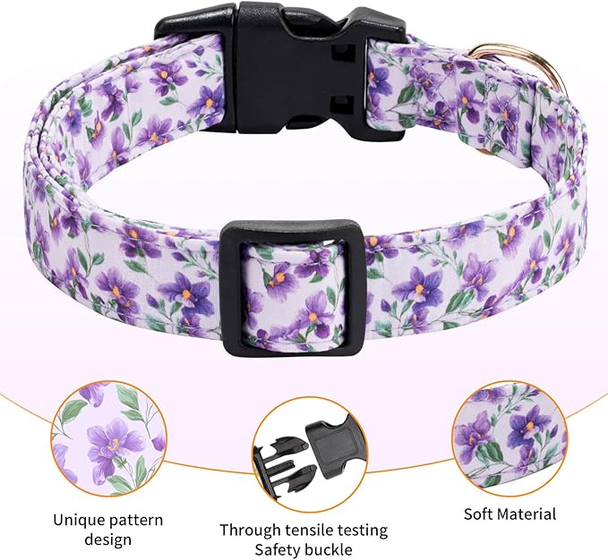 Cotton Dog Collar,Adjustable Cute Puppy Collar with Moon Patterned Design for Small Medium Large Dogs,Soft and Fancy Pet Collar with Safety Buckle for Girl Boy Dogs (Violet, L)