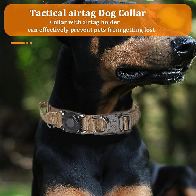 Xqpetlihai Upgraded AirTag Dog Collar Waterproof Tactical Dog Collar with AirTag Holder Heavy Duty Dog Collars for Large Dogs (Brown，XXL