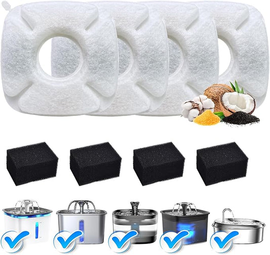 4Pcs Cat Fountain Replacement Filters,4Pack Cat Water Fountain Replacement Filters with 4Pack Pre-Filter Sponges, Pet Fountain Filter Fit for 95oz/2.8L Automatic Pet Fountain Cat Water Fountain