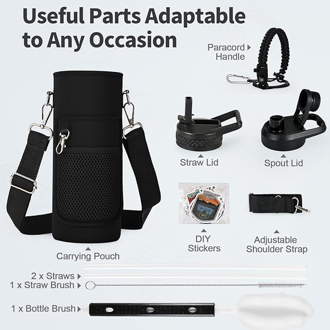 40 oz Insulated Water Bottle with Straw (Cold for 48 Hrs), Stainless Steel Triple Wall Vacuum Sports Water Jug, Leakproof Hydro Cup Flask with Paracord Handle & Straw Spout Lids & DIY Stickers