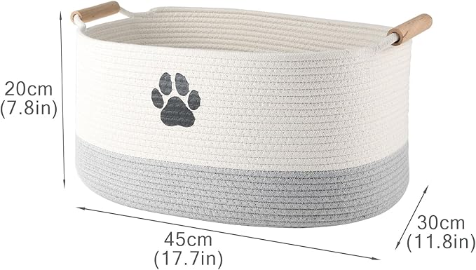 Geyecete Dog toy basket dog toy bin Woven Storage Baskets for Dog Cat Dog Toy Box Sturdy Reinforced Handles with Paw Print basket-Beige/Gray