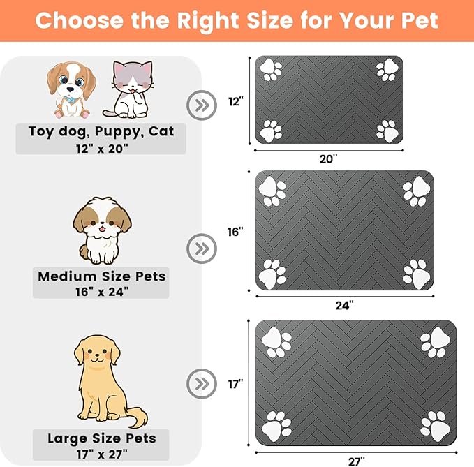 Pet Feeding Mat-Absorbent Pet Placemat for Food and Water Bowl, with Waterproof Rubber Backing, Quick Dry Water Dispenser Mat for Dog and Cat (24"x16", Striped Dark Gray)