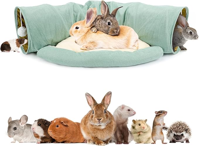 BWOGUE Bunny Tunnel Bed, 2-in-1 Collapsible Tunnel Tubes Toys with Removable Mat Hideout for Cats Kittens Rabbits Guinea Pigs Kitty