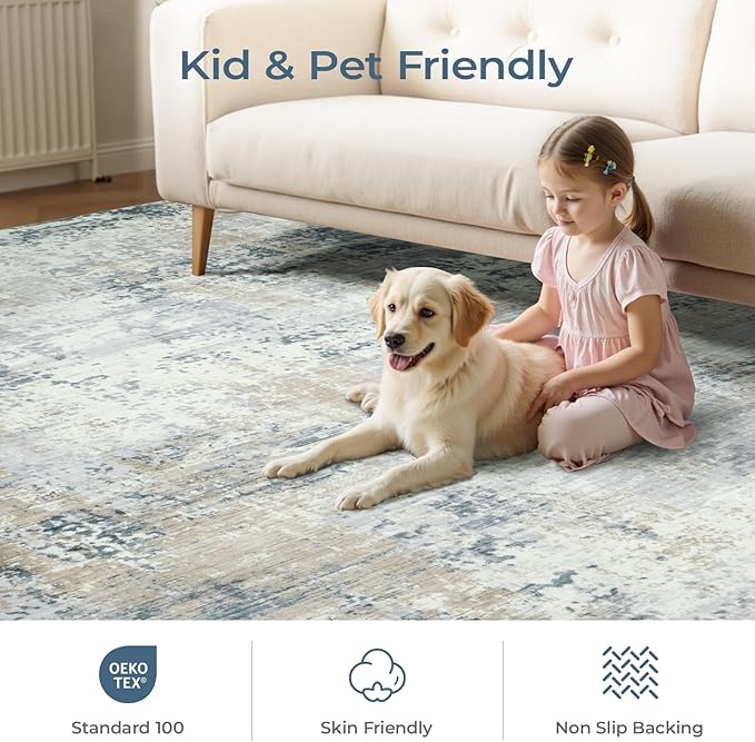 Area Rug 6x9 Washable Rugs for Living Room Blue Beige, Modern Abstract Non-Slip Low-Pile Printed Accent Carpet for Bedroom Office