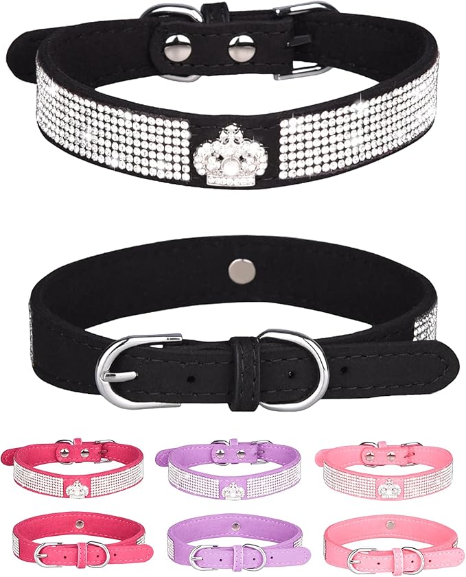 Dog Collar for Small Dogs, Adjustable Leather Suede Bling Dog Collars，Pink Dog Collar Cat Collar, Rhinestone Dog Collar (L, black3)