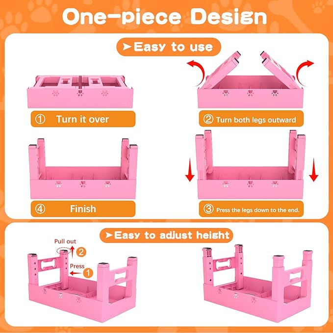 Elevated Dog Bowls with 2 Stainless Steel Bowls, Raised Dog Food Bowl Stand 5 Height Adjustable (3.1", 9", 10", 11", 12") Non-Slip Feeder Set for Medium and Large Dogs - Pink