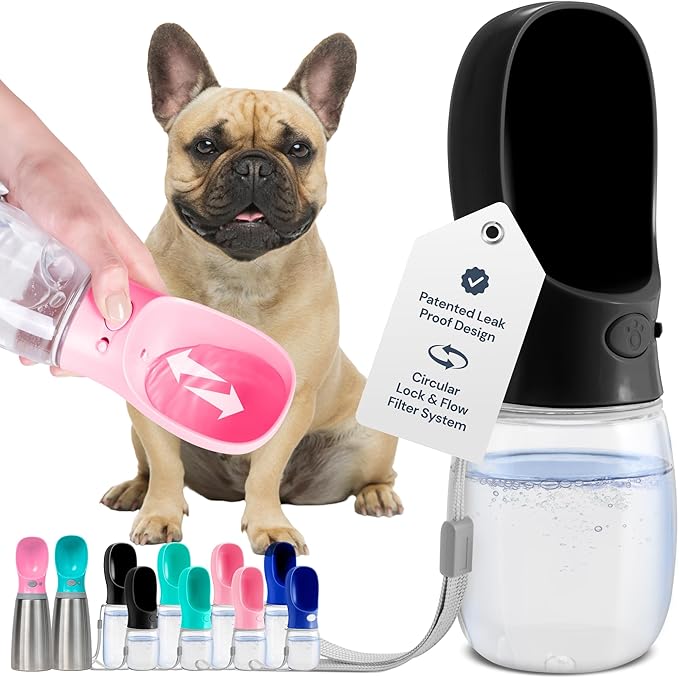 MalsiPree Dog Water Bottle Dispenser - 12 oz Black - Leak-Proof Lock & One-Hand Operation - On The Go Dog Water Dispenser - Pet Travel Bottle with Built-in Bowl, Travel & Hiking Ready