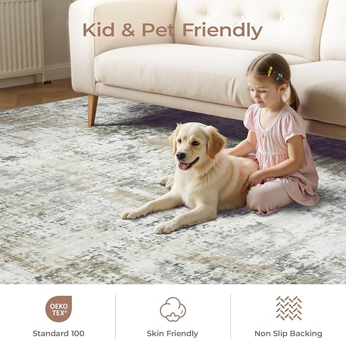 5x7 Area Rugs, Neutral Machine Washable Rugs for Living Room, Abstract Modern Soft Non-Slip Thin Print Floor Carpet for Bedroom Kids Room, Brown Tan